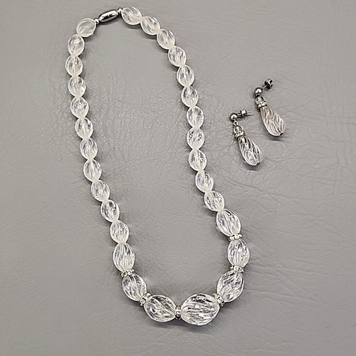 Avon Beaded Necklace Pierced Earrings Set Vtg Clear Acrylic Oval Twist 18" - Picture 3 of 20