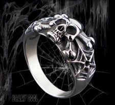 New Skull Cross Bones Spider Web Silver Men Gothic Biker Ring