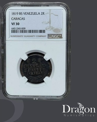 1819 VENEZUELA 2 REALES CARACAS ANTIQUE SILVER COIN NGC VF 30🇻🇪🐉 - Picture 1 of 4