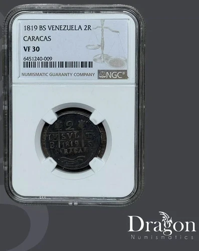 1819 VENEZUELA 2 REALES CARACAS ANTIQUE SILVER COIN NGC VF 30🇻🇪🐉