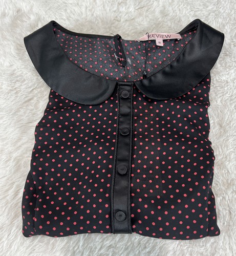 Review Size 10 Polk A Dot Cap Sleeve Blouse Faux Leather Trim Peter Pan Collar - Picture 9 of 9