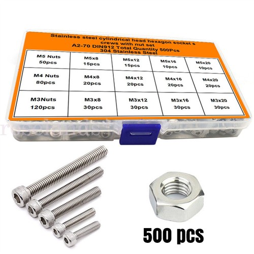 500 Pcs Stainless Steel Set Screws & Nuts Socket Head Assortment Set M3 M4 M5 - Picture 4 of 14