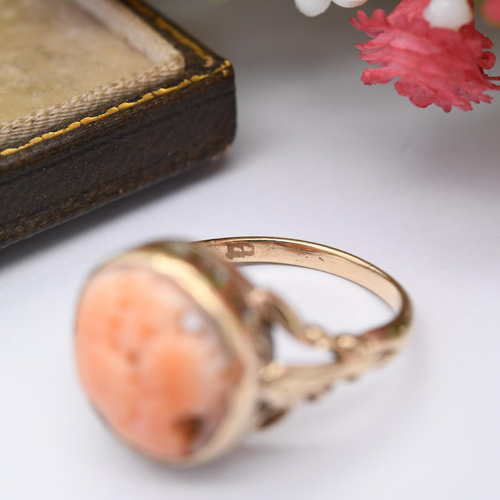 Antiker viktorianischer Ring 9 kt Gold geschnitzte Koralle - Kamee mit Blumengravur | groß - Bild 7 von 8
