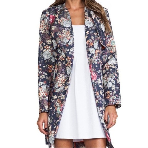 Line & Dot Womens Cafe de Flora Belted Trench Coat Blue Pink Floral Sz XS - Picture 2 of 8