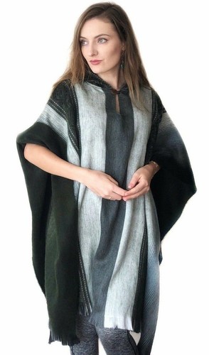 DUNKELGRÜNER BABY ALPAKA WOLLE CAPE PONCHO WICKEL SCHAL MANTEL HANDMADE IN ECUADOR - Bild 5 von 8