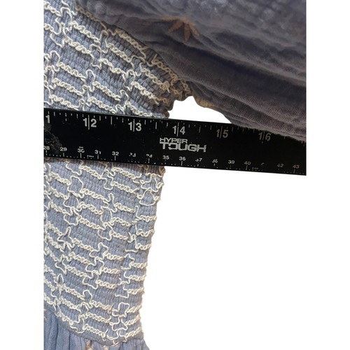 Blau bestickt Gaze Midikleid eckiger Ausschnitt gesmoktes Mieder Puffärmel Stufen - Bild 4 von 5