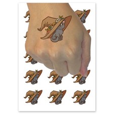 Cat with Garden Witch Hat Flowers Temporary Tattoo Fake Body Art