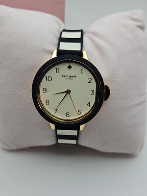 Kate Spade Park Row Striped Band Black Beige Gold KSW1313 Bow Pin Quartz Watch