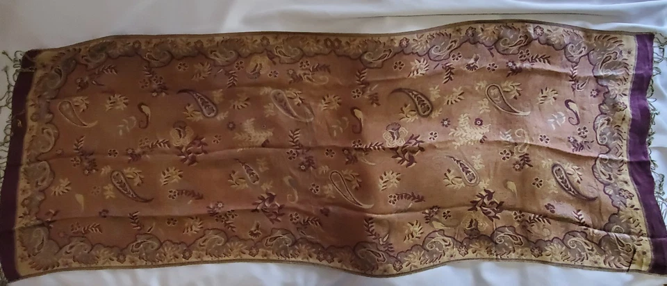 Vtg Pashmina Cashmere Silk Shawl Wrap Scarf Purple Brown Floral 27" X 73" - Image 2 of 4