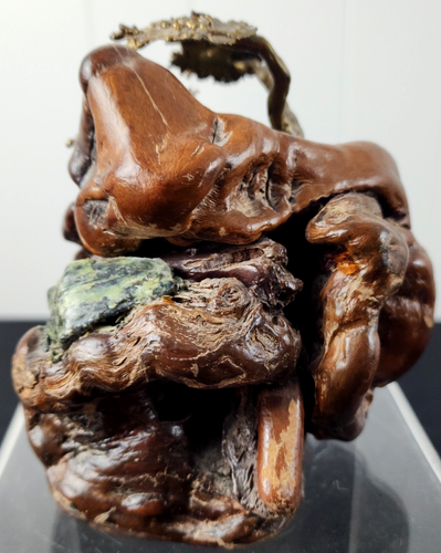 Burl Wood Sculpture Metal Tree and Bird Green Stones Asian Vibes Cypress Tree - Picture 6 of 6
