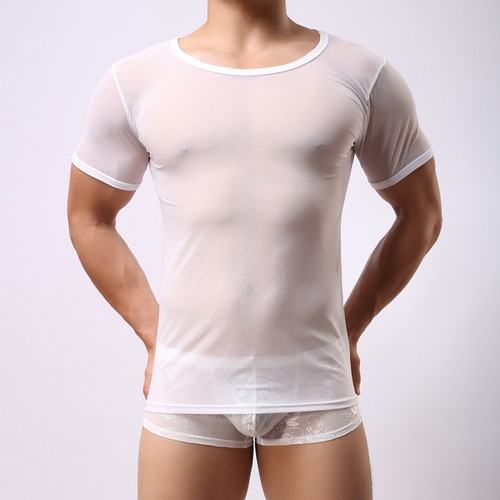 Men's Stylish See Through Fishnet T Shirt Short Sleeve Clubwear Muscle Top - Picture 11 of 30