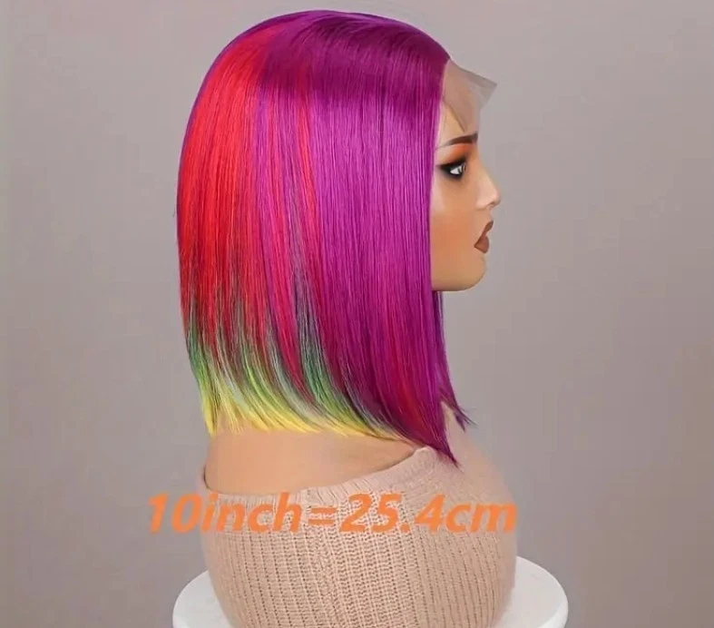 Peluca frontal de encaje bob recto multicolor multicolor 1 pieza para mujer, 180 % densidad cabello humano, 4x4 Foto 3 de 4