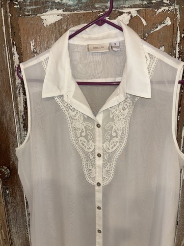 Chico’s Sheer Cream Sleeveless Blouse with Lace Detail Button Down Size 3 Chico - Picture 4 of 11