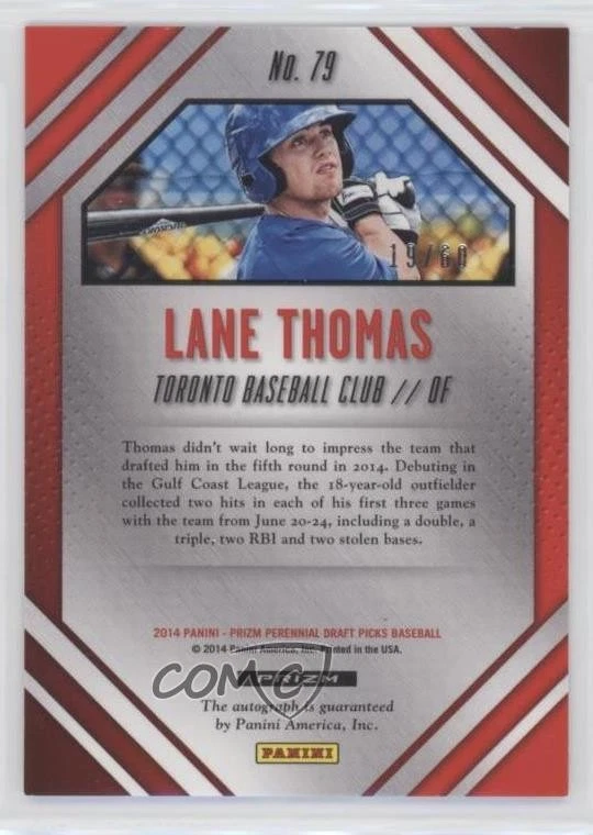 2014 Prizm Perennial Draft Picks Prospect Signatures Orange /60 Lane Thomas Auto - Image 2 of 2
