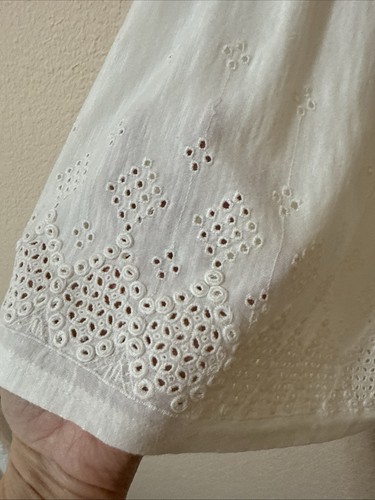 Lucky Brand Bauerntop mit eckigem Ausschnitt cremeweiß Gr. L Boho Modal Baumwolle Spitze Ösen - Bild 4 von 13