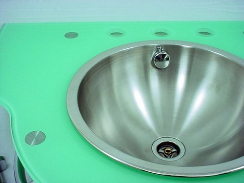 Decolav Stainless 2200-8B-SF Steel Full Recessed Bowl Seafoam Green Glass Vanity - Picture 4 of 6