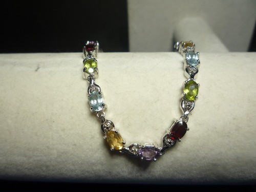 925 Multi-Color Stone Tennis Bracelet Garnet-Citrine-Peridot-Aquamarine-Amethyst - Picture 9 of 17