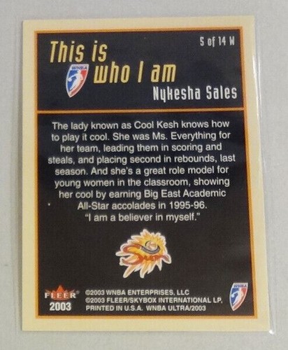 2003 Fleer Ultra WNBA This Is Who I Am Card Nykesha Sales #5 Connecticut Sun - Picture 2 of 2