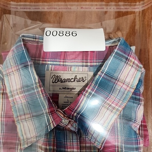 Wrangler Wrancher Womens L Pink Blue Plaid LS Shirt Farmcore Cowgirl Rodeo Ranch - Picture 11 of 11