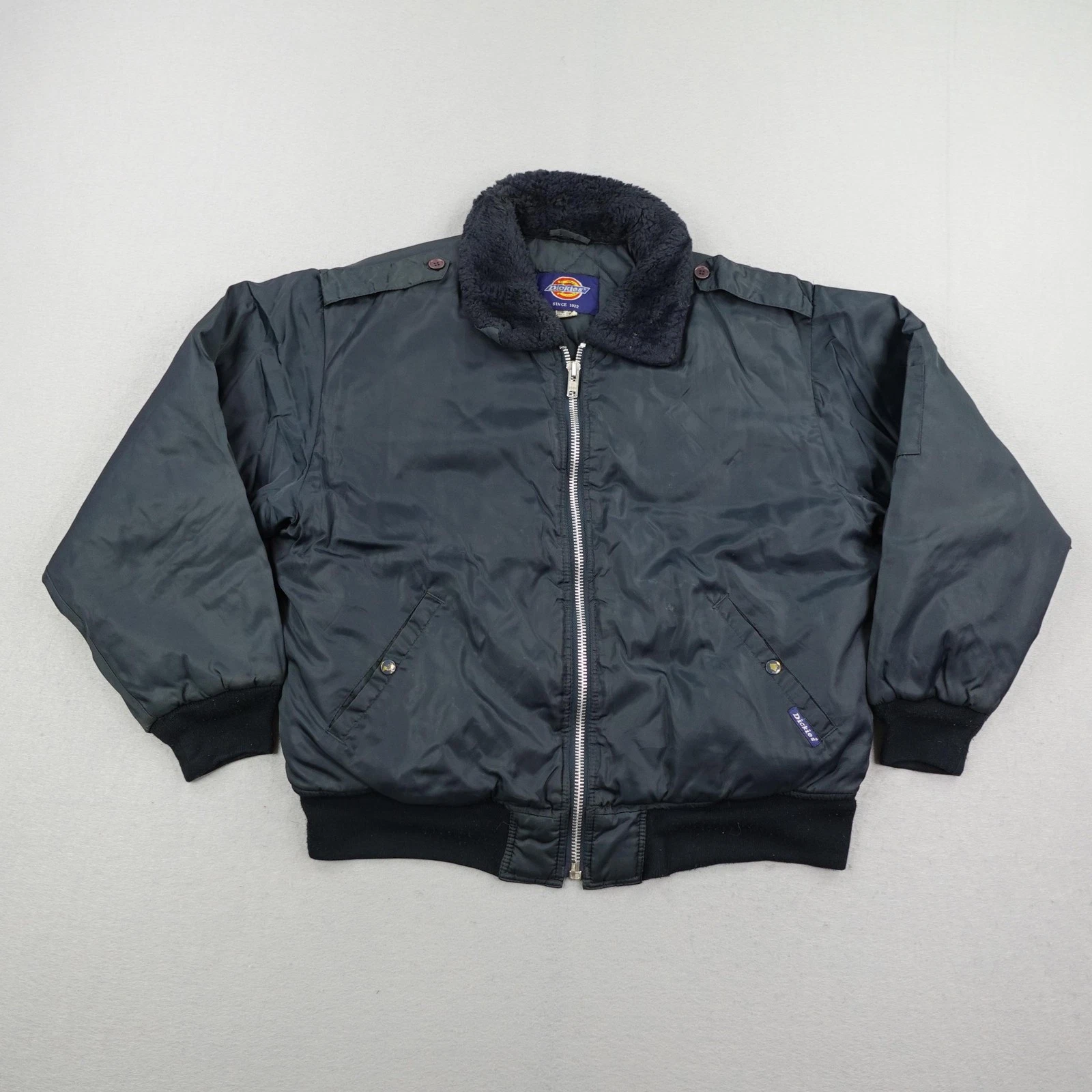 Vintage Dickies Jacket Mens XL Dark Blue Quilted Lined Faux Fur Collar Coat