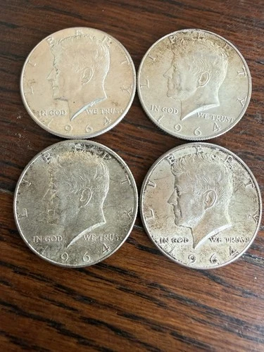 1964 Kennedy Half Dollars, Lot of 4 90% Silver Coins, 3 AU, 1 XF