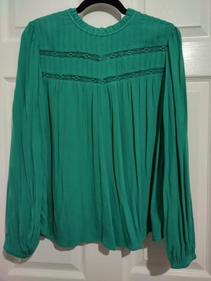 NWT Marks & Spencer Green Pintuck Crochet Lace Insert FrillNeck Blouse UK14/US10
