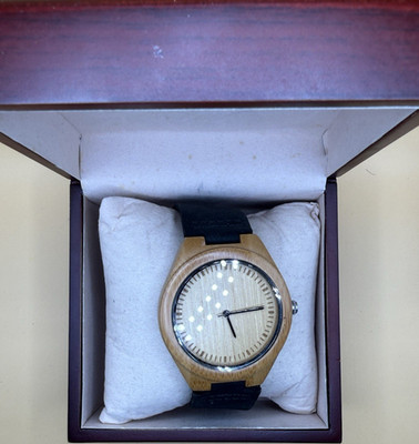 CUCOL Analog Wooden Case Beige Dial Black Leather Strap Unisex Wristwatch