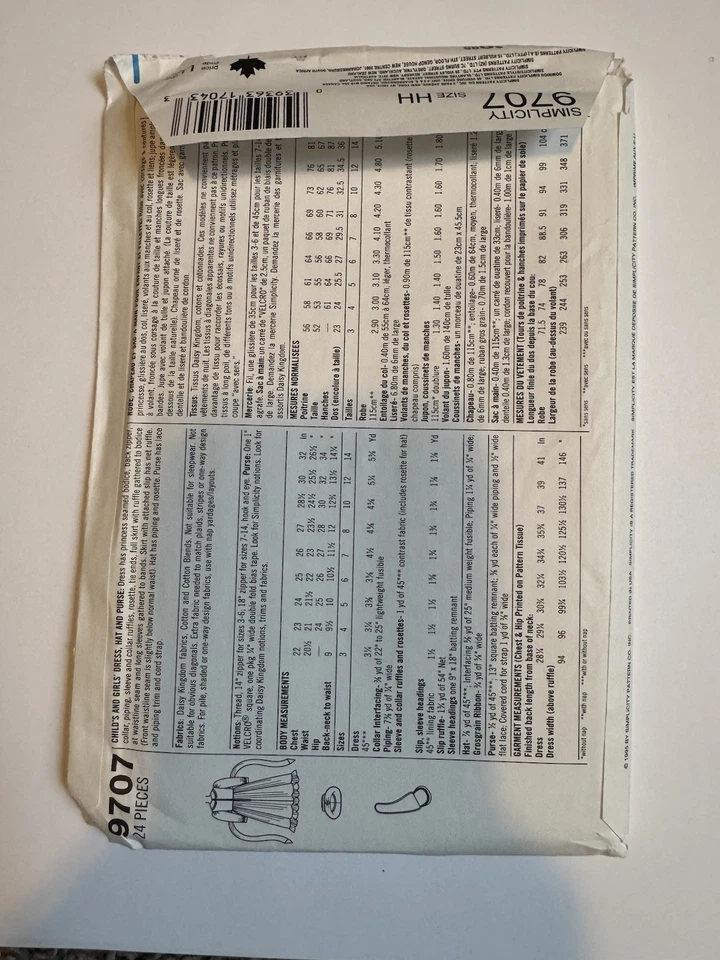 New Uncut FF Size 3-6 Girls Dress, Hat & Purse Sewing Pattern, Simplicity 9707 - Image 3 of 4