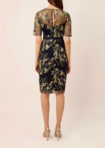 ROBE MIDI CRAYON ANNÉES 50 DENTELLE FLEURIE TRANSPARENTE BLEU OR HOBBS PHOEBE 10 FOIS 169 £ - Photo 8/10