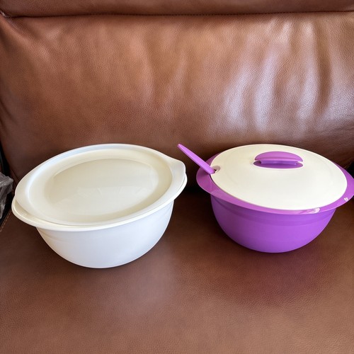 TUPPERWARE Insulated Oval 5 pc Heat/Serve Bowls 4994A &4995A, Lids,Spoon Wh/Plum - Picture 3 of 12
