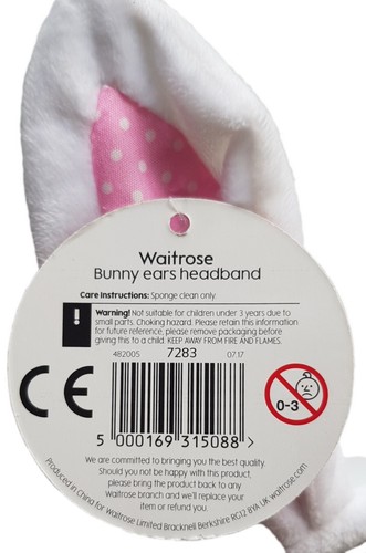 Kids Plush BUNNY EARS Headband WHITE Pink Alice Band WAITROSE Hair Accessory 3+ - Picture 2 of 2