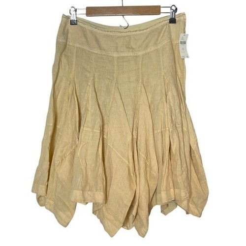 Anthropologie 100% Linen Godet Midi Skirt Size M Pleated Flared Beach Boho Beige
