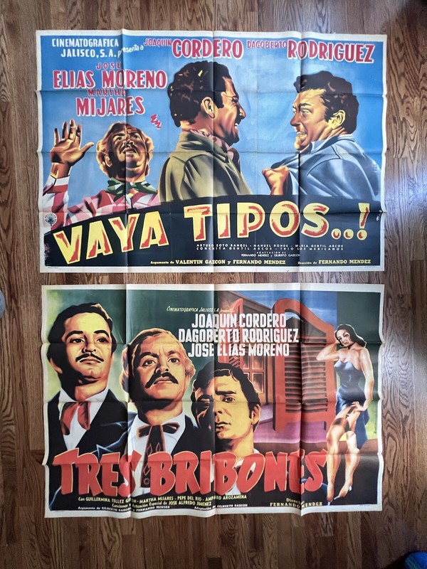 2 horizontal Mexican movie posters 1955: VAYA TIPOS..! & TRES BRIBONES 36” X 53”