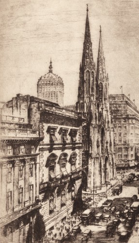 Anton Schutz Radierung "Fifth Avenue und St. Patrick's Cathedral" von 1939 - Bild 2 von 5
