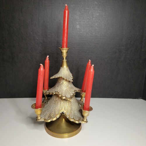 Vintage Solid Brass Christmas Tree Rotating Candelabra 8"x 6.25" Made In India - Picture 2 of 11