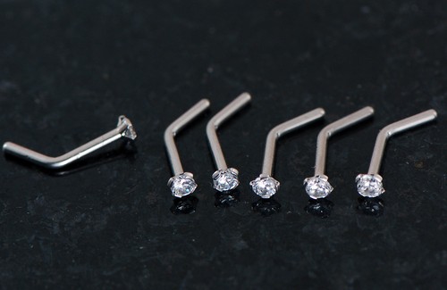 6 Pc 316L Surgical Steel 20G 2mm Clear Tiny Prong Set C.Z. L Shape Nose Ring - Picture 2 of 3