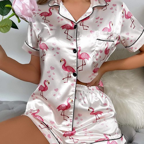 Women's Short Sleeve Silk Pajamas Set Print Satin Sleepwear Homewear Nightwear - Picture 27 of 100