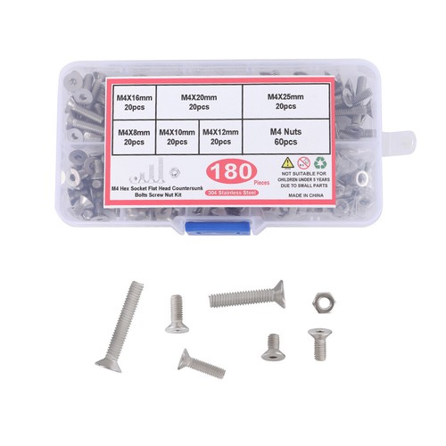 180Pcs Metric M4 Hex Socket Flat Head Countersunk Bolts Screw Nut Assortment Kit