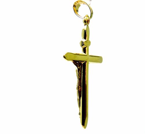CIONDOLO ORO 18K 750/1000 Pendente Croce Gesu' Cristo Smussata Bicolore - Imagen 5 de 6