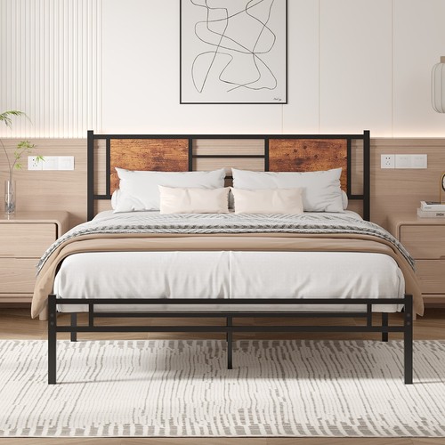 Full Queen King Size Bed Frame w/Wooden Headboard Heavy Duty Metal Bed Platform - Picture 13 of 34