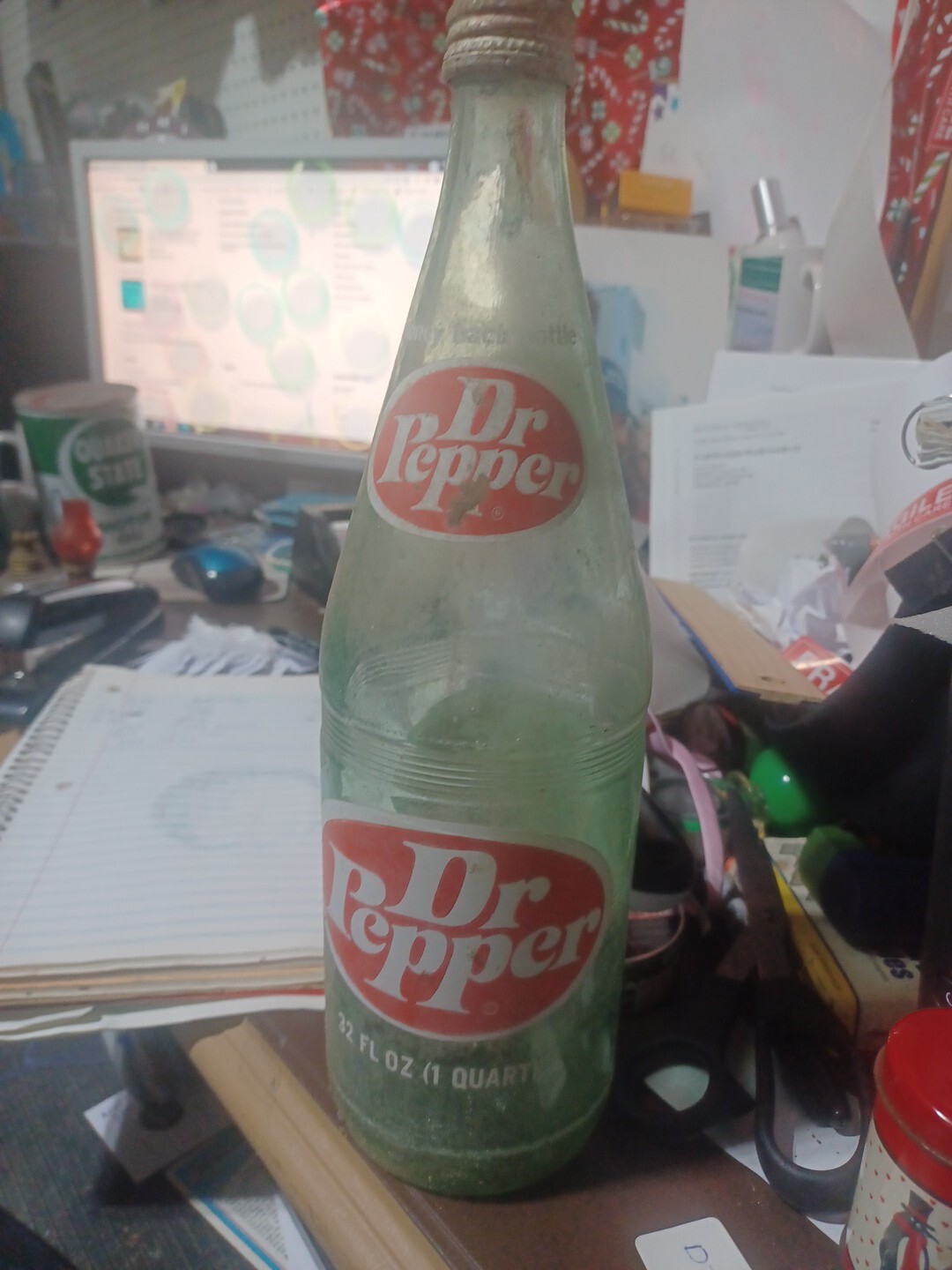Vintage Dr. Pepper Green Glass Large 32 Ounce 1 Quart Money Back Bottle
