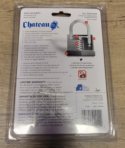 Chateau 1 3/4 Inch 44mm PadLock Lifetime Warranty Brand New In Package with keys - Picture 2 of 2