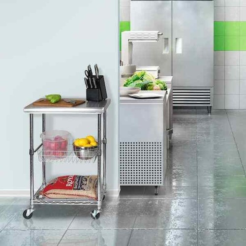 Stainless Steel Adjustable Shelf Rolling Wheels Home Kitchen Cart With Basket - Picture 6 of 9