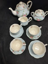 BTAT Tea Pot,Cream & Sugar Bowls Blue Polka Dot & Roses Porcelain 4 Cups/Saucers