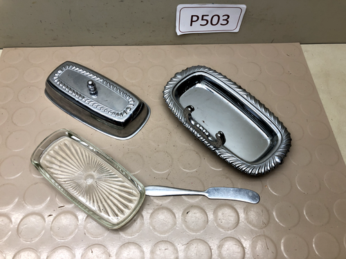 Vintage Irvinware Silver/Chrome Butter Dish, Glass Insert & Knife - Picture 5 of 14