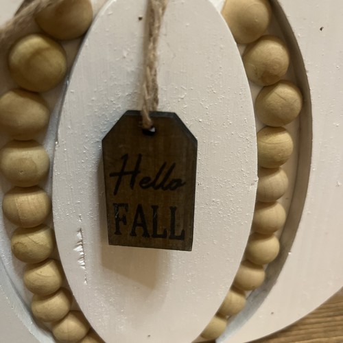 Primitive “Hello Fall” Wood Beaded 8” White Pumpkin Autumn Decor - Picture 2 of 3