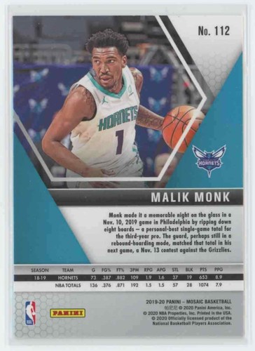 Mosaico Panini Malik Monk #112 2019-20 - Imagen 2 de 2