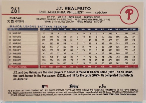 J.T. Realmuto 2024 Topps Chrome #261 X-Fractor Refractor Philadelphia Phillies - Bild 2 von 2
