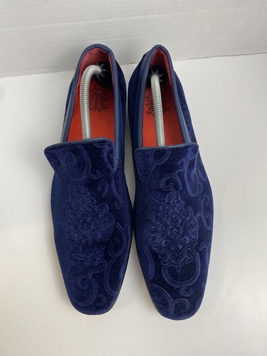 After Midnight Mens Loafers Smoking Slippers Sz 9.5 Navy Blue Velvet Red Bottoms - Picture 2 of 12