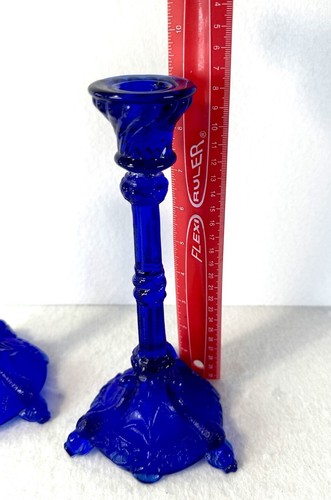 Portieux Vallerysthal Cobalt Blue Glass Candlestick Pair 9″ Vintage - Picture 11 of 19